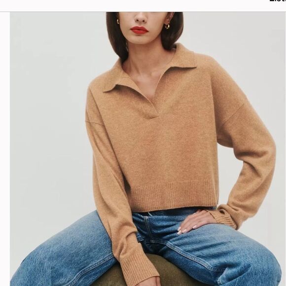 Reformation Sweaters - Reformation Beckie Cashmere Collared Preppy Cropped Sweater Camel Tan Swiftie